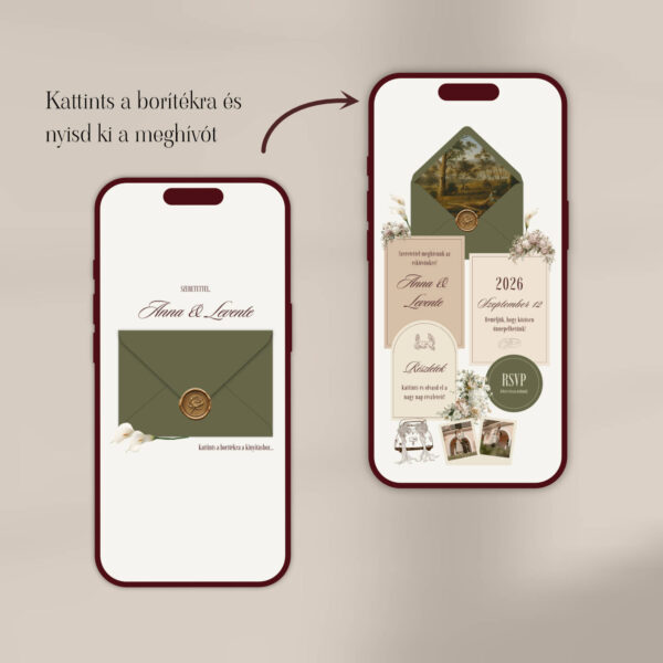 Digitális esküvői meghívó zöld, greenery színben, Esküvői weboldal