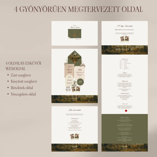 Digitális esküvői meghívó zöld, greenery színben, Esküvői weboldal